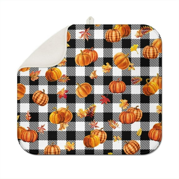 Fall Pumpkin Dish Drying Mat for Kitchen Autumn Maple Leaves Thanksgiving Day Microfiber Drying Mats Absorbent Reversible Dish Pad Medium Dish Draining Mat 16x18 inch