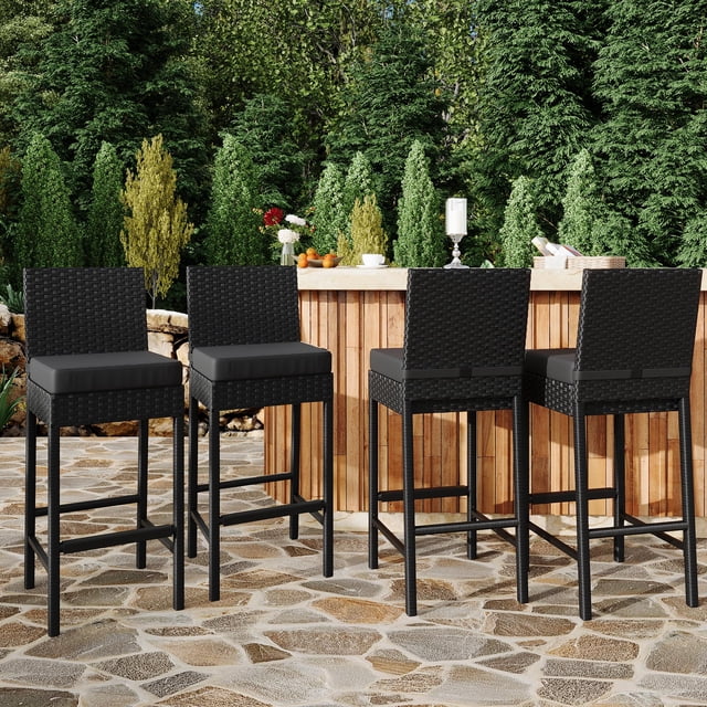 Patio Wicker Barstools with Cushions, Outdoor Wicker Bar Stools Set of 4, Outdoor Rattan Bar Height Stool Set Armless for Backyard, Poolside