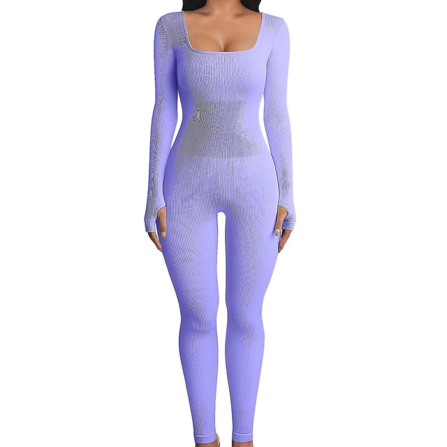 Combinaison Skinny Femme Polyester Col Carré Multicolore Manches Longues Solide pour Sport Yoga
