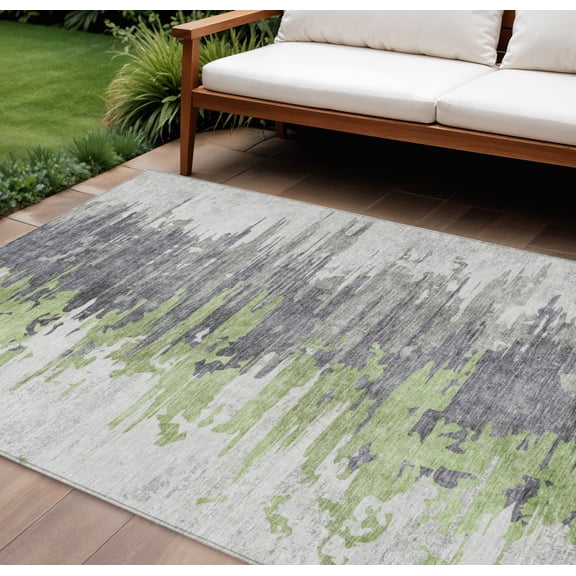 HomeRoots 582391 10 x 14 ft. Abstract Washable Indoor & Outdoor Rectangle Area Rug, Green & Silver