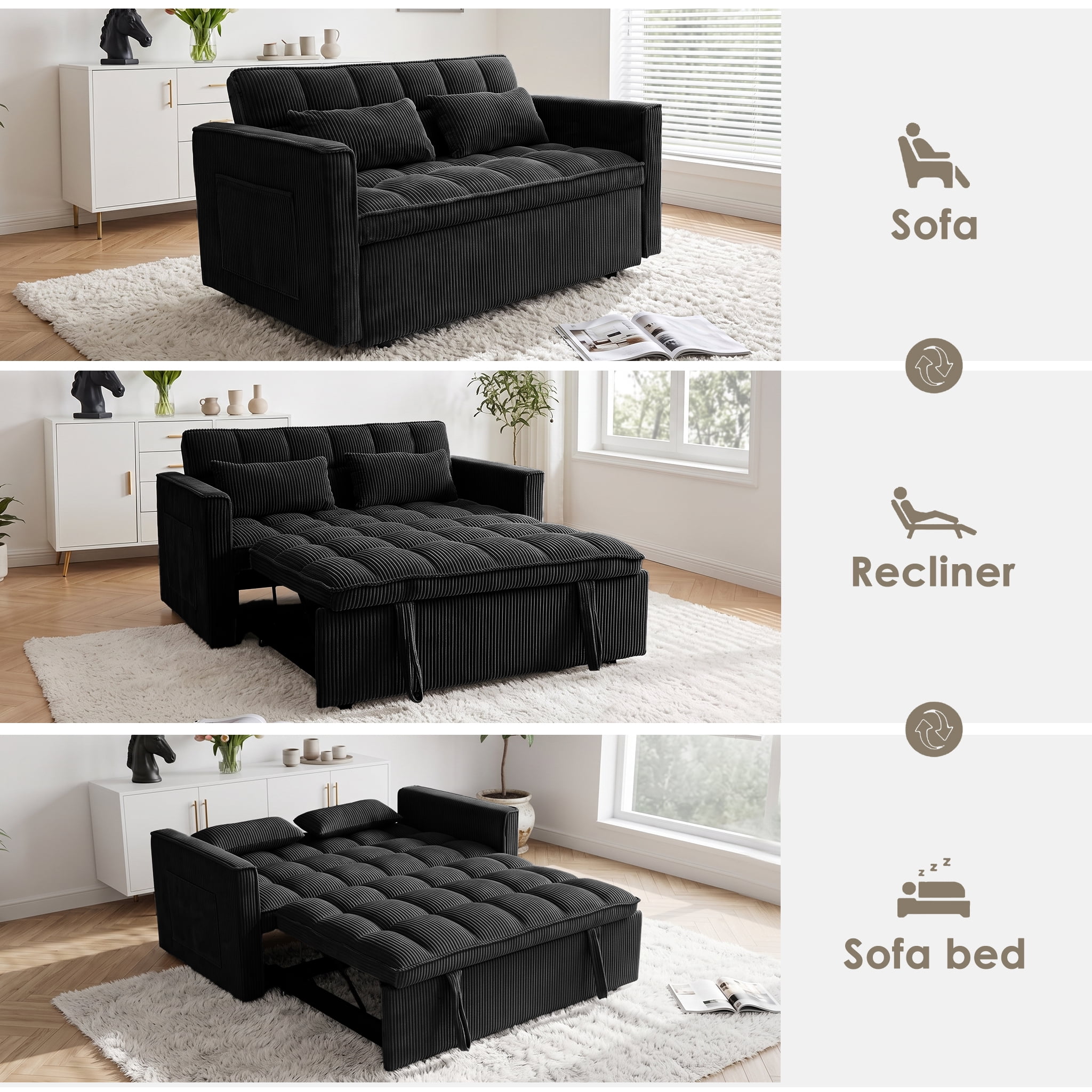 ShiKeyi 54" Corduroy Convertible Sofa Bed, 3 in 1 Pull Out Sleeper Sofa, Loveseat Couch with Storage Pocket, Black