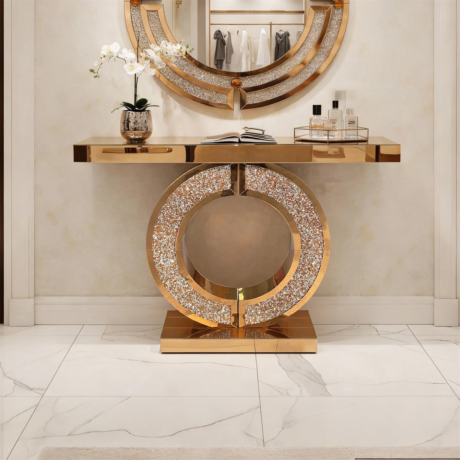 Hommoo Modern O-Shaped Mirrored Glass Console Table with Crushed diamond Inlay, Handicrafts Mirror Table for Hallway Entry, Living Room, Brown
