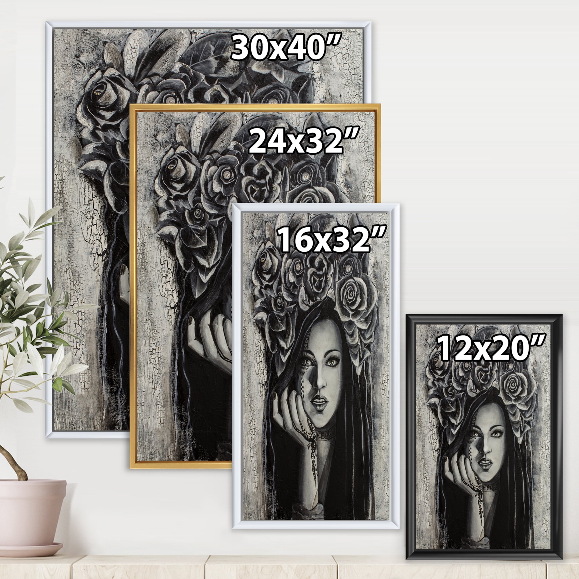 Designart 'Portrait Of A Young Woman With Flowers III' Modern Framed Canvas Wall Art Print