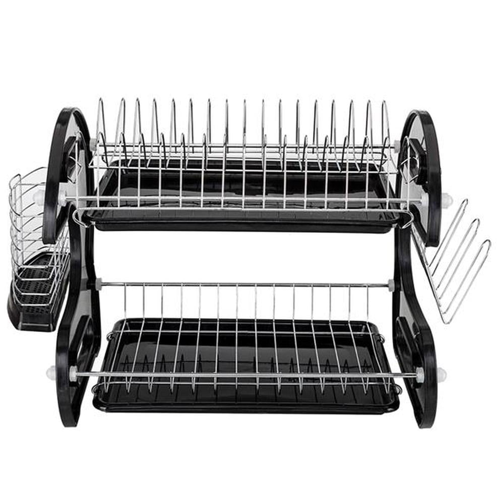 Black Dual Layer Metal Dish Drying Rack with Utensil Cup