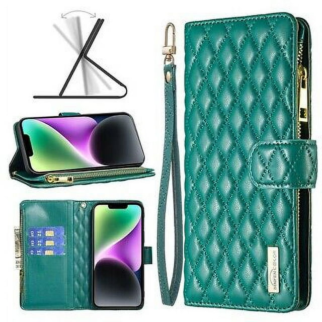 iPhone 14 wallet case in green, crafted with premium diamond-quilted PU leather for a luxurious look. Features 9 card slots, a zipper pocket, magnetic closure, detachable wrist strap, kickstand functionality, and reinforced corners for enhanced protection.