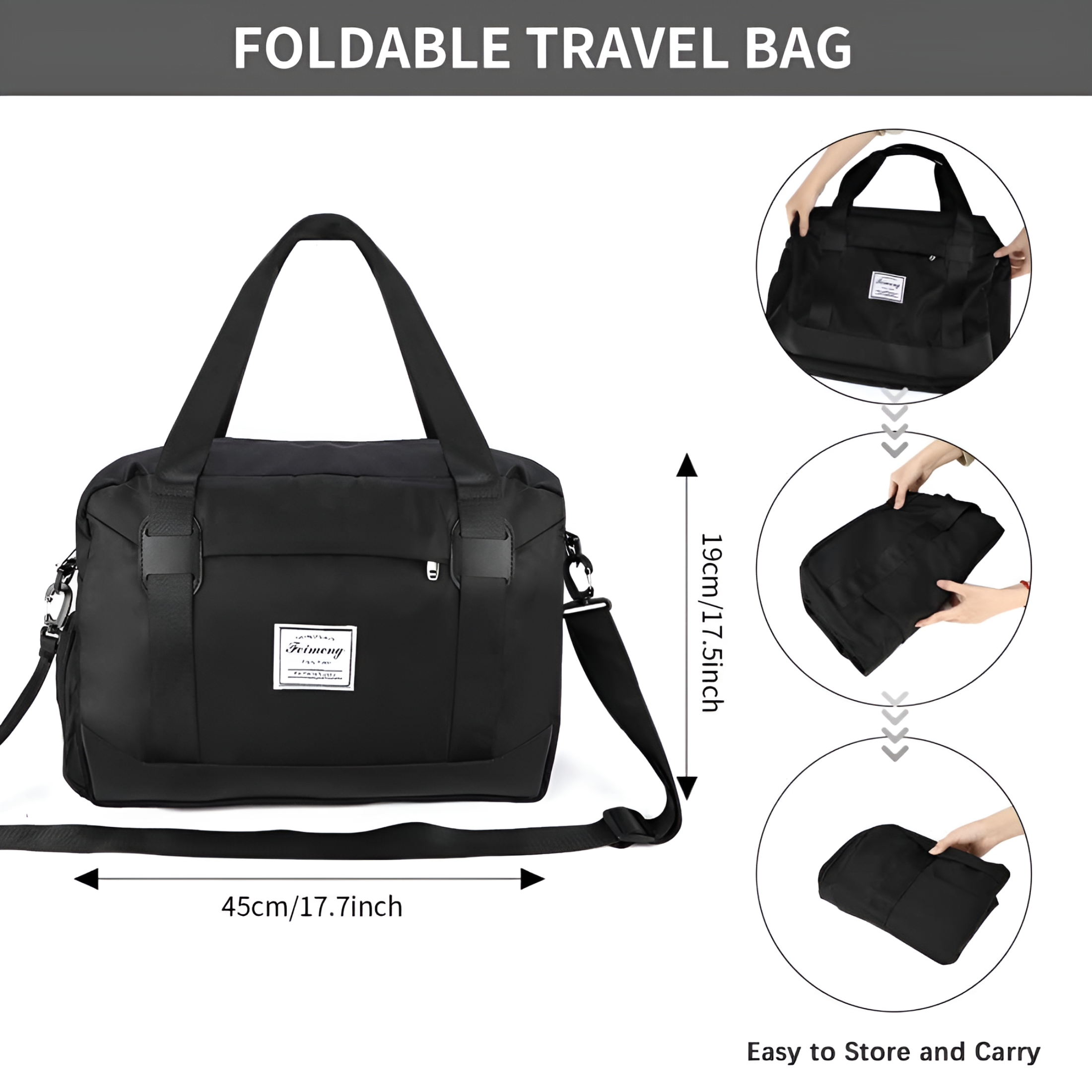 GASTROPOD Travel Duffel Bag, Large Folding Sports Gym Bag with Wet Pocket & Shoes Compartment - Black