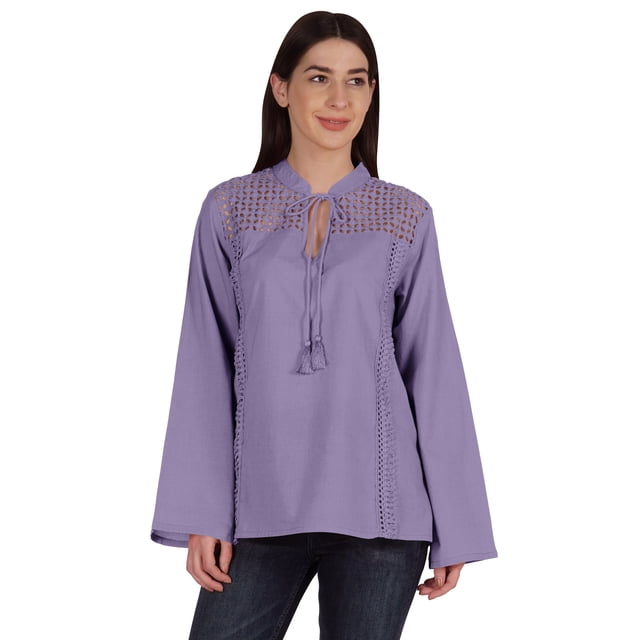 Moomaya Tunique Col Mandarin pour Femmes Manches Longues Été Coton Uni