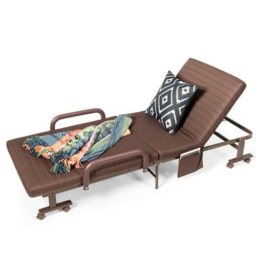 Costway Folding Bed Adjustable Guest Single Bed Twin Mattress Portable Wheels Brown