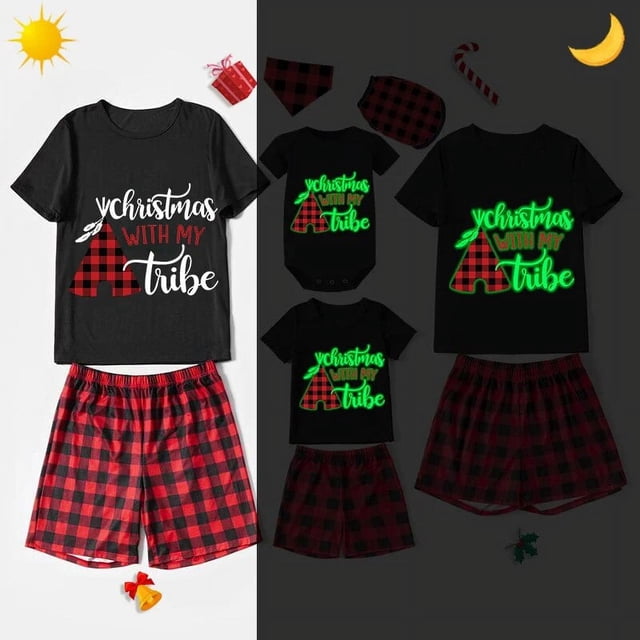 Pijama familiar a juego de Navidad, luminoso, brillante, con mi tubo, rojo, corto
