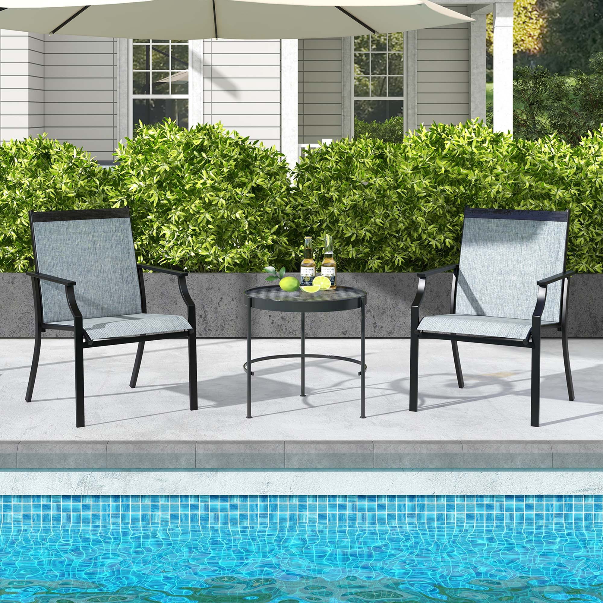 Costway 2 Piece Patio Dining Chairs Large Outdoor Chairs with Breathable Seat & Metal Frame Blue/Coffee/Grey/Red