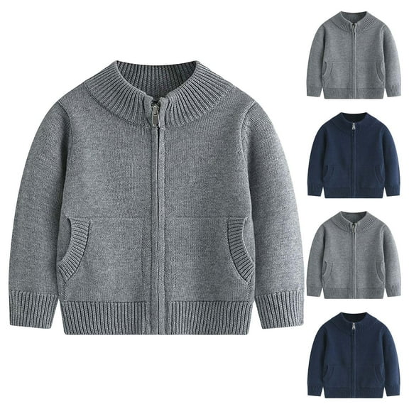 Zwiiyzr Baby Girl Boy Knit Sweater Full Zip Jacket Toddler Clothes Long Sleeve Coat for Kids Fall Winter Clothes 3-8Y Gray