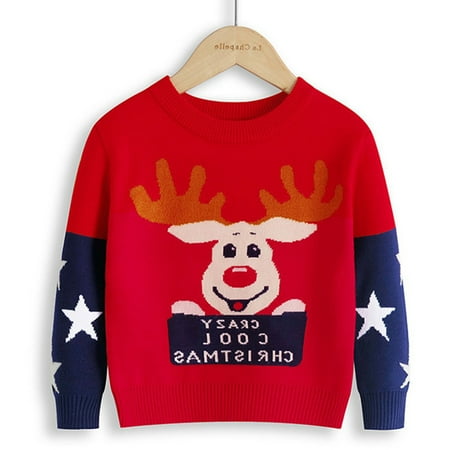 

kpoplk Christmas Sweater For Kids Toddler Boys Girls Christmas Cartoon Star Snowfakle Deer Prints Kids Christmas Sweater(Red)