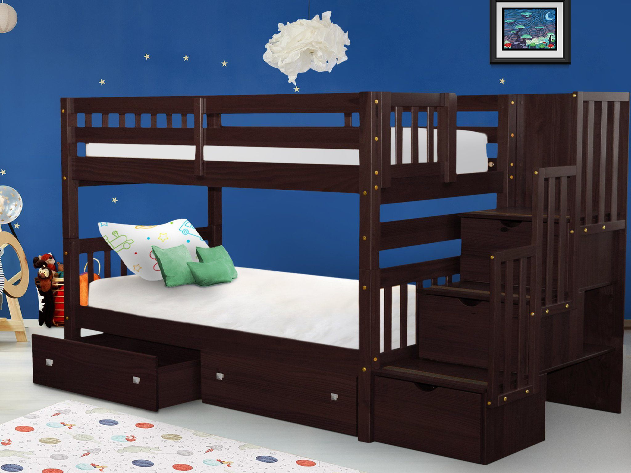 Bedz King Stairway Bunk Beds Twin over Twin with 3 Drawers in the Steps