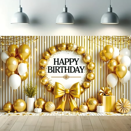 Golden Happy Birthday Backdrop Gold White Stripes Photography Background for Kids Adults Wreath Balloon Theme Birthday Party Baby Shower Decorations Supplies