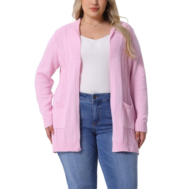 GRACE & GRANDEUR Suéter de manga larga abierto para mujer en tallas grandes, cárdigan de longitud media 3X rosa