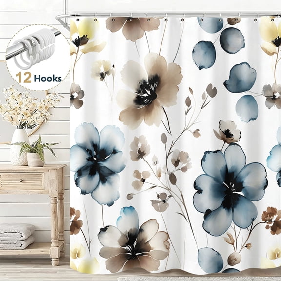 Watercolor Flower Fabric Elegant Floral Shower Curtain, Stunning Modern Flower Themed Shower Curtain Set for Bathroom, Waterproof Cloth Fabric with Hooks, 36*72in