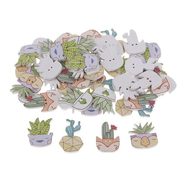 50 botones infantiles de madera con 2 agujeros, botones decorativos con forma de cactus de dibujos animados. Mezclado