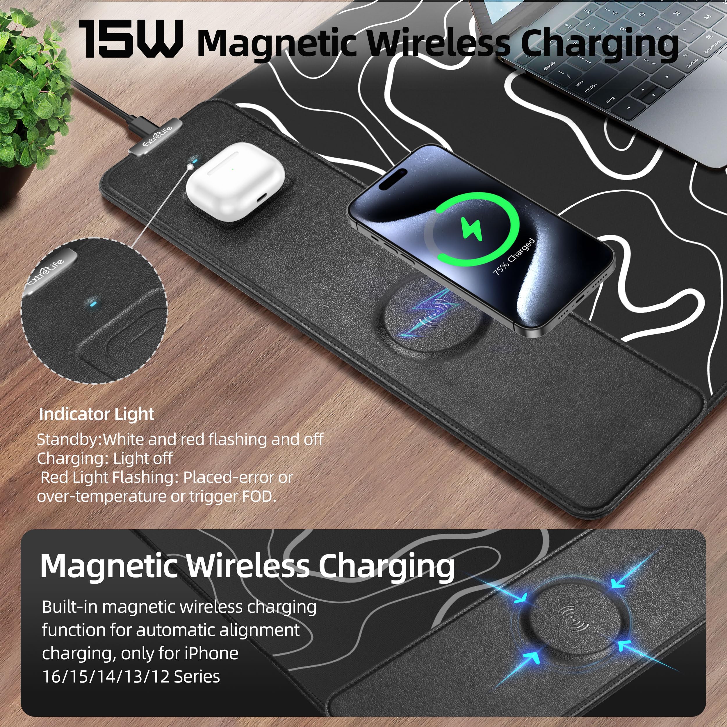 Extrelife RGB Gaming Mouse Pad with Magnetic Wireless Charger, Large Mouse Mat with 15W Fast Charging for Home, Office, School