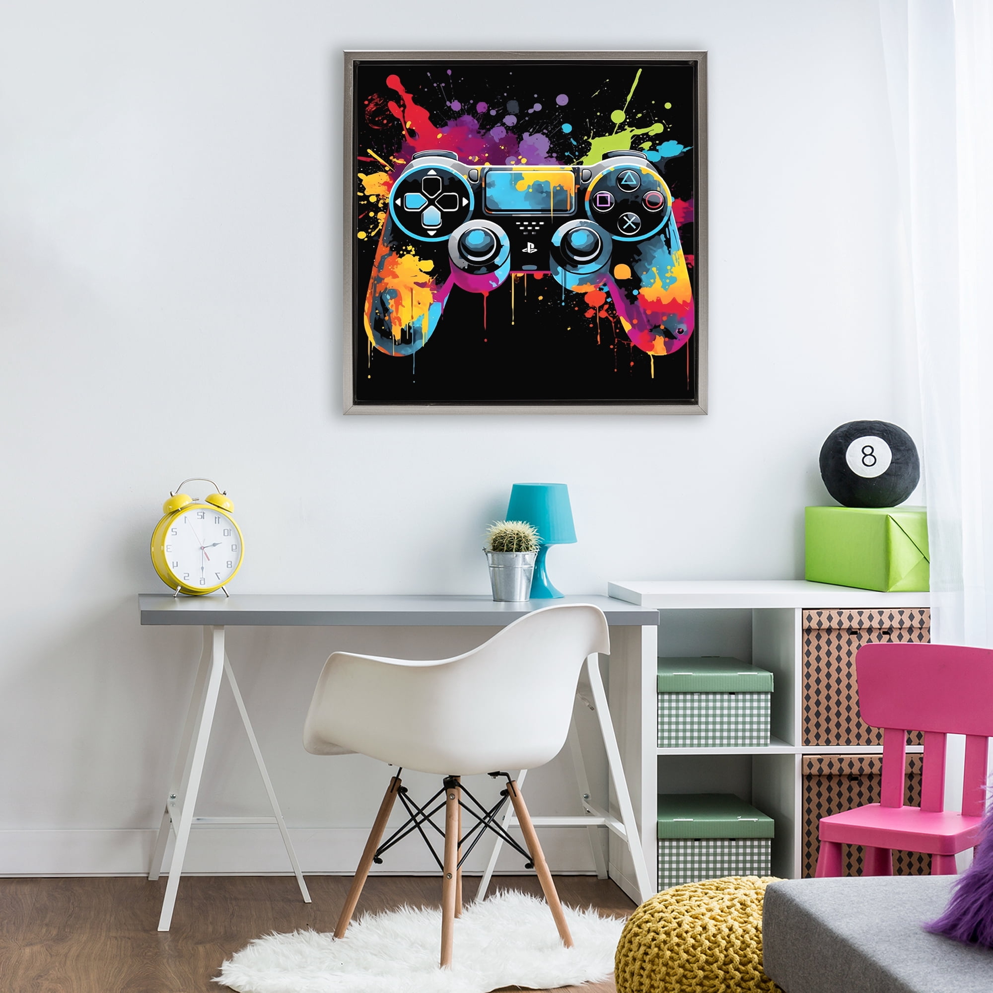 Stupell Industries Paint Splash Game Controller Gray Framed Floater Canvas Wall Art, design by Creative Studio
