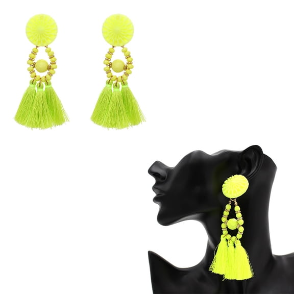 HINTRMENT 1 Pair Bohemian Tassel Earrings Vintage Style Acrylic Dangle Fluorescent Yellow Jewelry