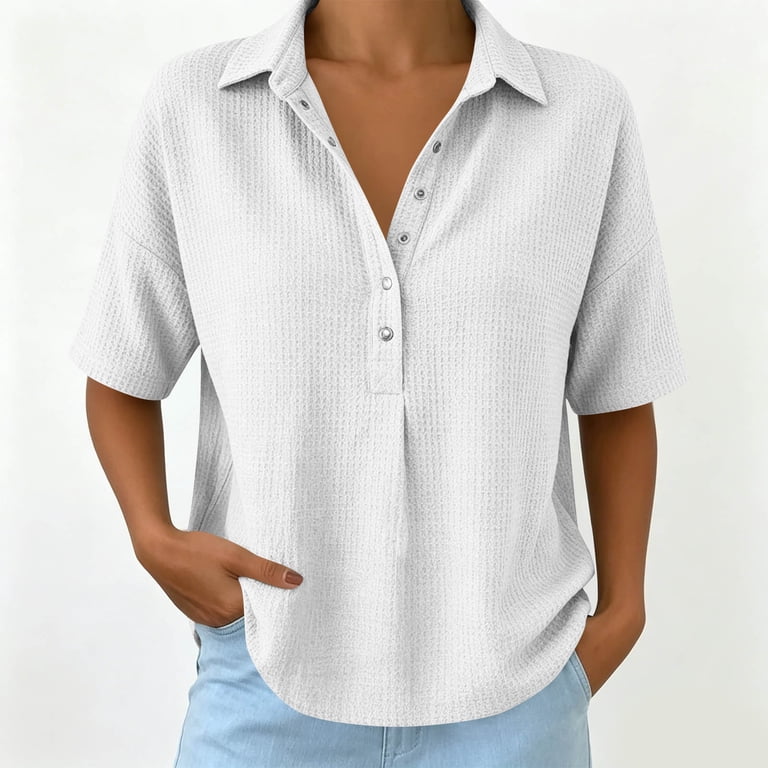 HBYJLZYG Women's Waffle Knit Short Sleeve Collared Top with Snap