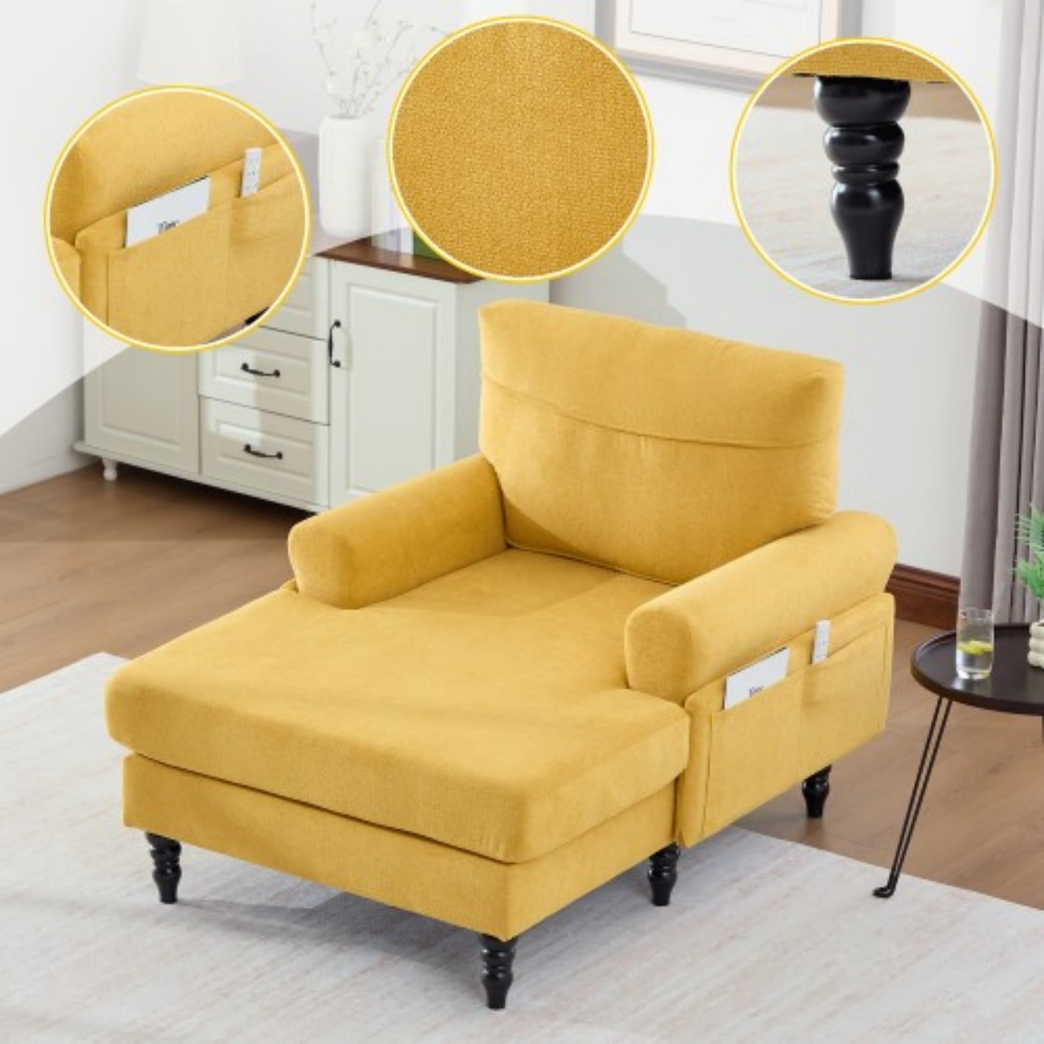 Chenille Chaise Lounge Chair, Oversized Upholstered Recliner Sofa with Wide Seat, High Density Foam Backrest, Solid Wood Legs & Side Pockets for Living Room, Bedroom, Office, Mustard yellow