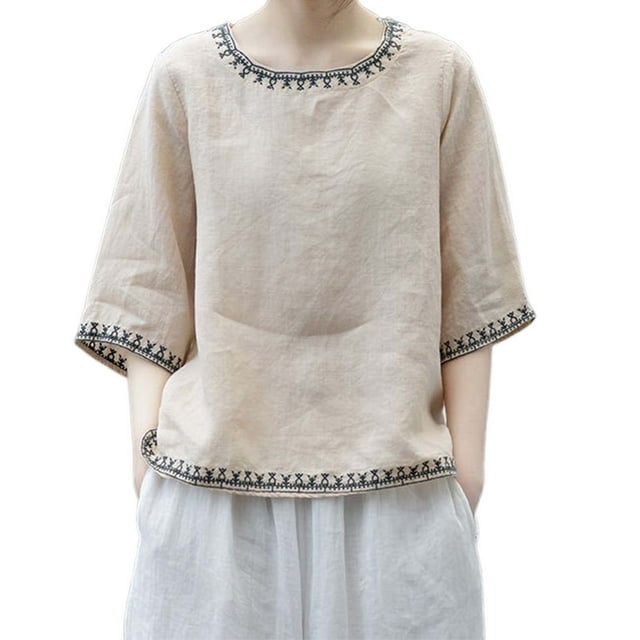T-shirt Vintage Brodé en Lin Col Rond Manches Courtes pour Femmes Coupe Ample Haut d'Été Polyvalent Tenue Décontractée