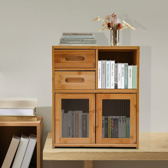 Bamboo Kitchen Storage Cabinet with Drawers & Clear Doors – Compact 3-Tier Organizer with Magnetic Closures, Eco-Friendly & Sturdy for Home & Office