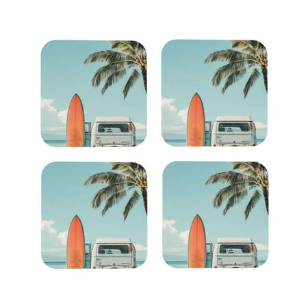 

Coasters Set of 4 - Vintage Surf Van Beach Drink Coasters for Tabletop Protection Leather Coasters for Living Room Decor and Housewarming Gift Square