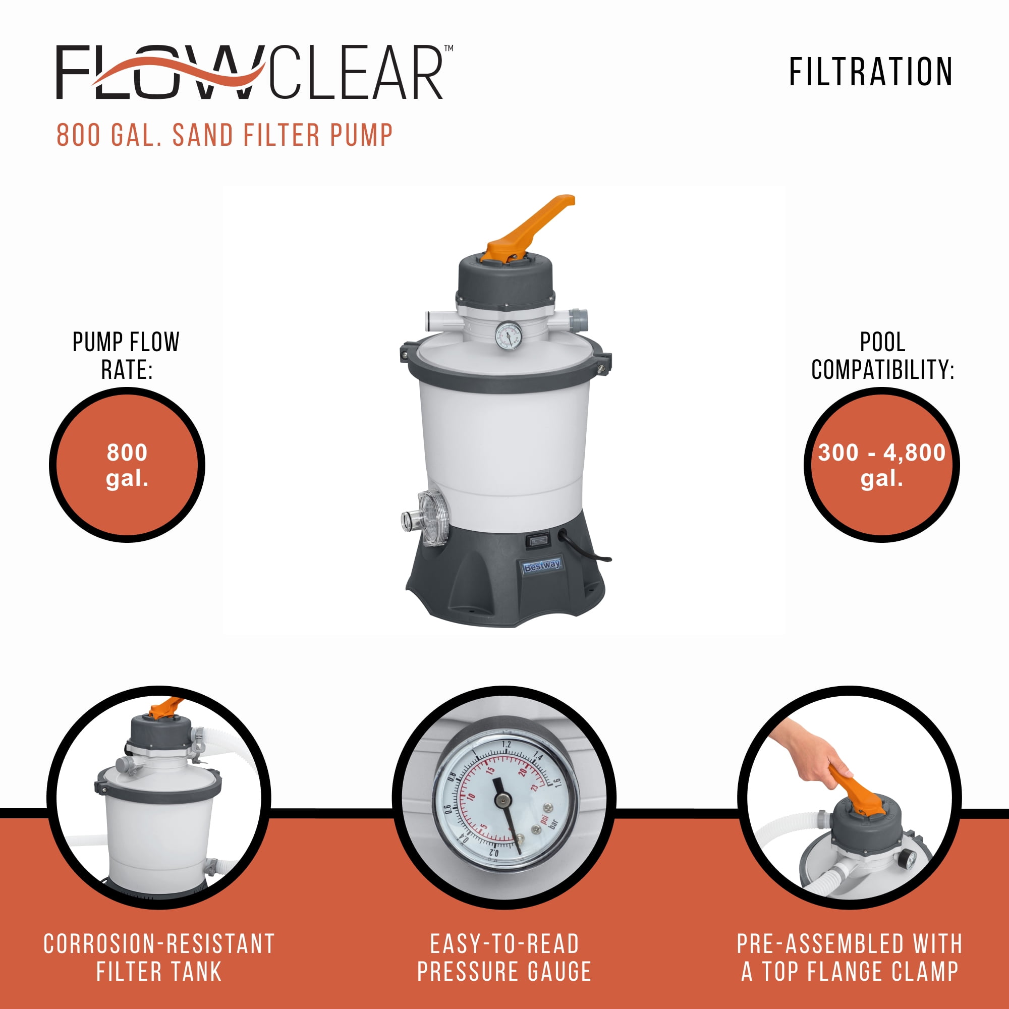 Bestway 58516E Flowclear 800 Gallon Above Ground Pool Sand Filter Pump