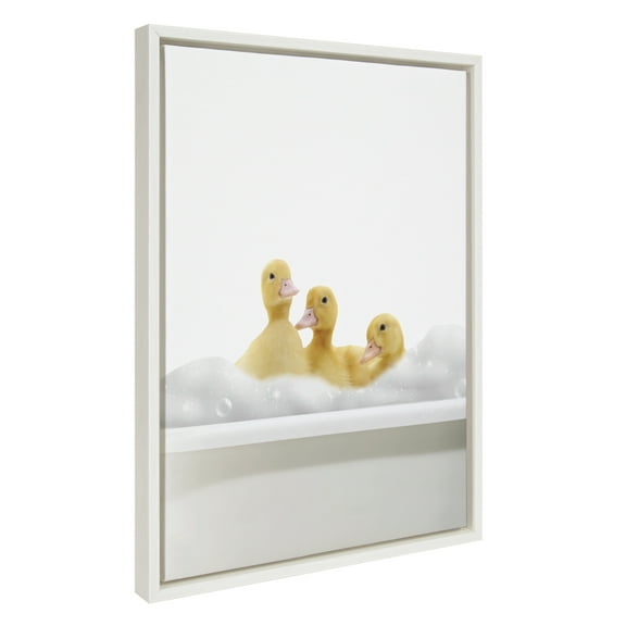 Kate and Laurel Sylvie Bathroom Bubble Bath 3 Ducks Framed Canvas Wall Art by The Creative Bunch Studio, 18x24 White, Cute Animal Bathtub Art for Wall