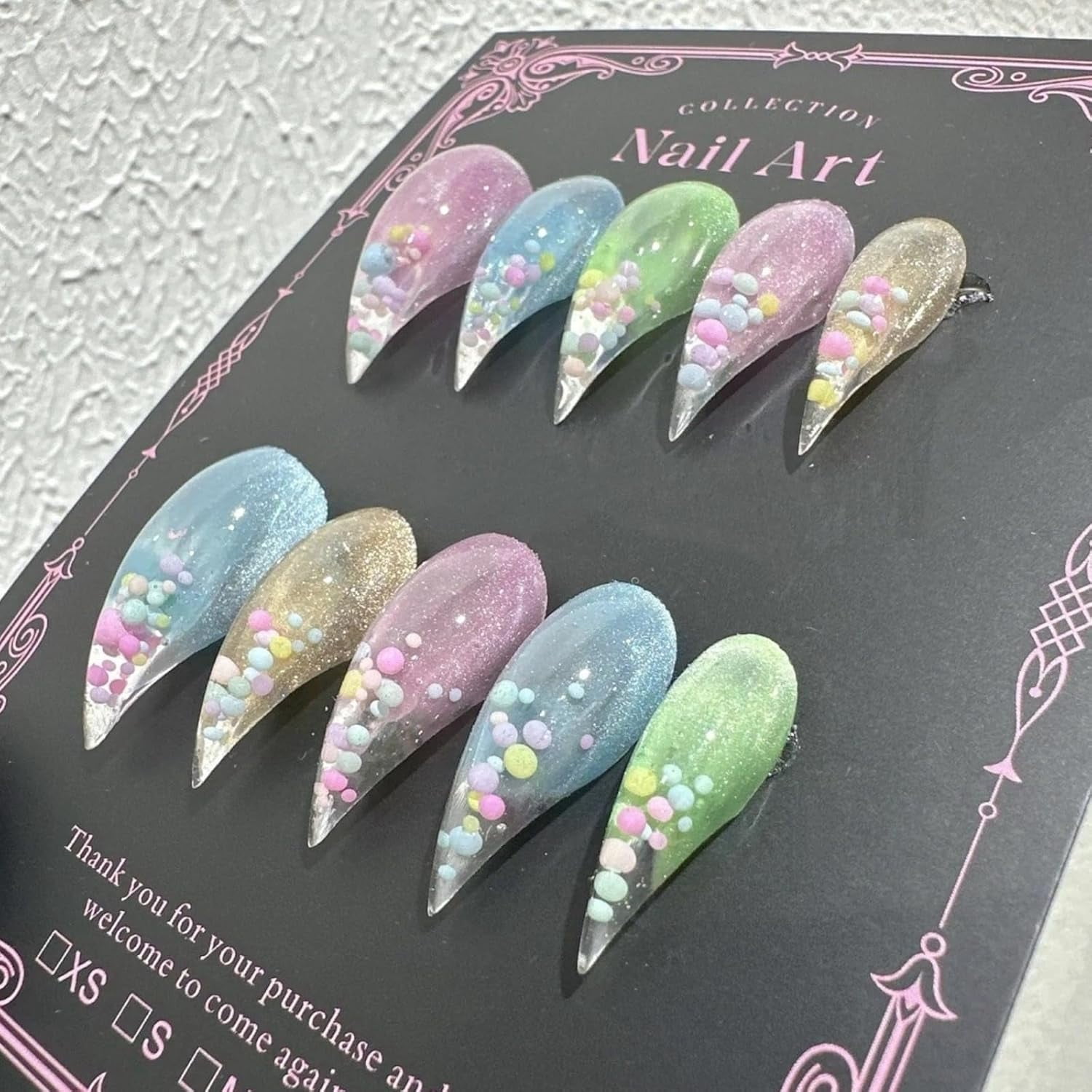 Cute Cat Claw Press on Nails Short Stiletto Colorful Cat Eye Pattern with Round Balls Handmade Reusable Thick Acrylic Cat Dragon Eagle Claw False Nail Glossy Glue on Nail