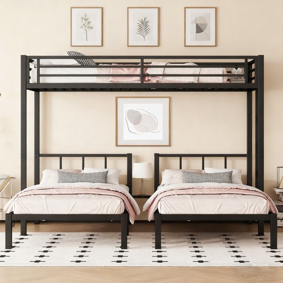 Bellemave Triple Bunk Bed Twin XL over Twin and Twin Metal Bunk Bed Frame with Storage Shelf Space Saving Bunk bed with Build-in Table Convertible 3 Bunk Bed for Teens, Black