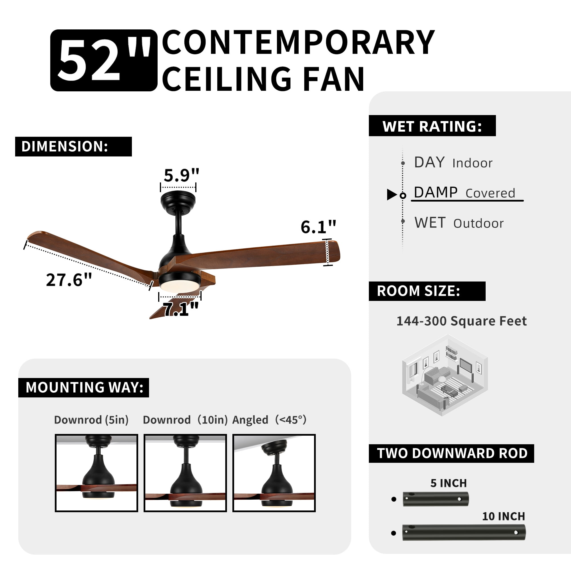 Dextrus 52'' Walnut and Black Modern Dimmable LED Ceiling Fan with 6 Speed Remote
