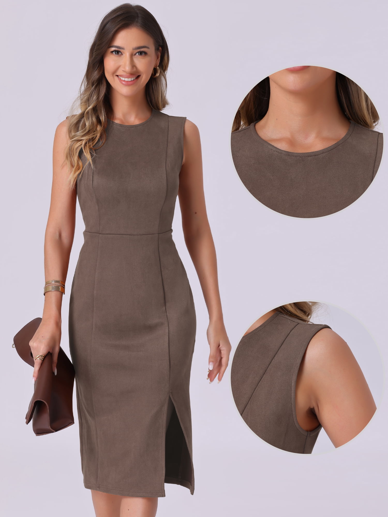 DARING DIVA Faux Suede Sleeveless Split Hem Dress Medium Coffee
