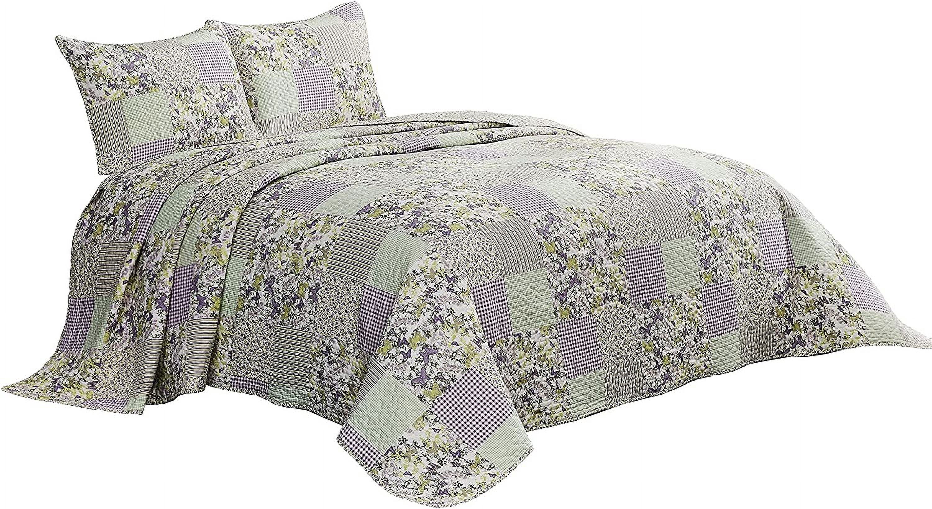 Chezmoi Collection Daisy 3-Piece Printed Patchwork Quilt Set, Purple Butterfly Botanical Candy Stripe Checkered Coverlet, Pre-Washed Microfiber Lightweight Reversible Bedspread, Oversized King Size
