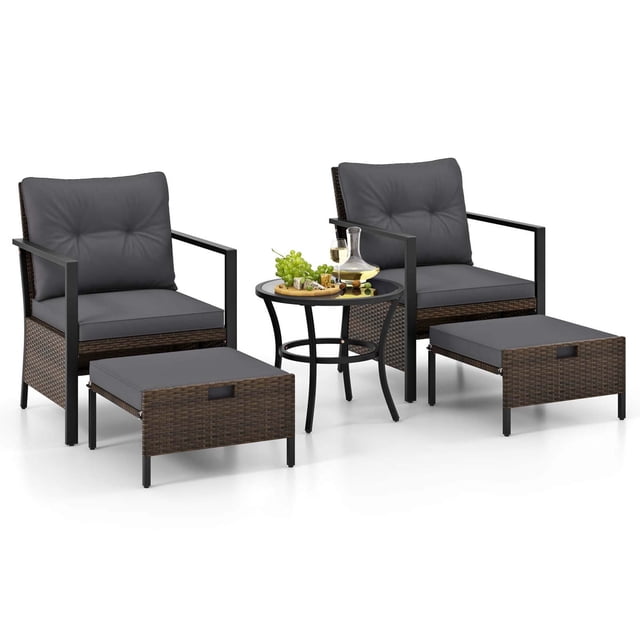 Gymax Set of 5 Furniture Set Rattan Chairs & Ottomans w/ Glass Topped Coffee Table Patio Gray