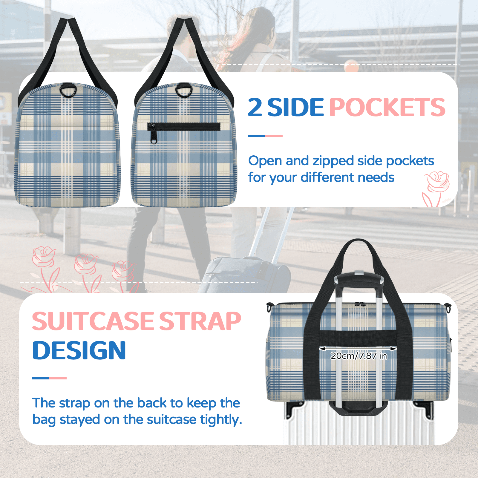 Herdesigns Plaid Blue Check Gym Bag for Women, Duffle Bag for Travel Sport, Lightweight Waterproof Carry on Weekender Overnight Dance Yoga Workout Bags