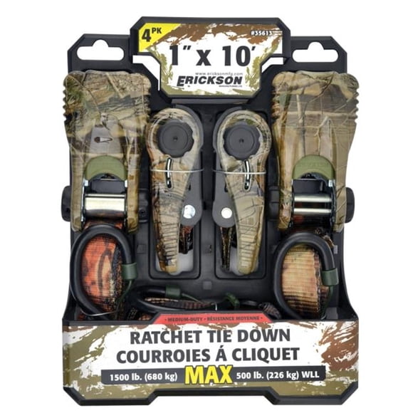 Erickson 35613 1x 10 in. 1500 Camo Ratchet Tie Down with Cap Locks - Pack of 4