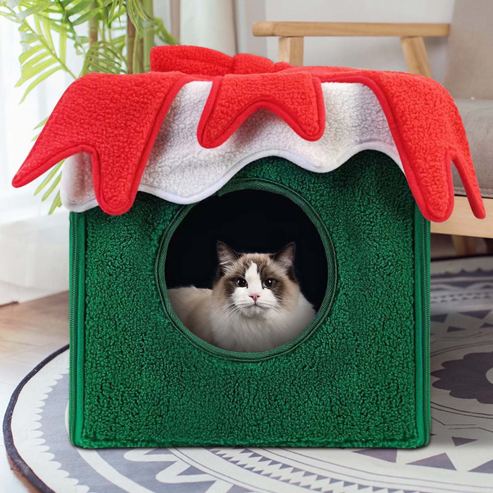 KIHOUT Christmas Cat House, Indoor Cat Bed, ( 12.40 x 12.40 x 12.40 inch) Size Cube for Kitten and Small Cat, Removeable Cat Cave with Non-Slip Bottom, for Cat