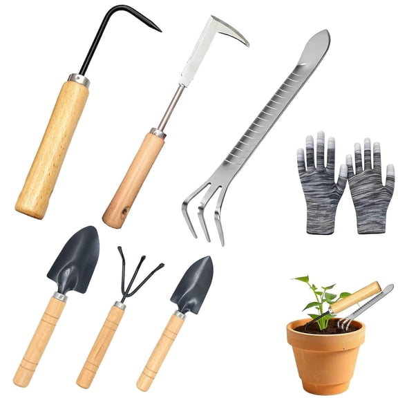 6-Piece Succulent Tool Set, Mini Garden Shovel, Rake & Hook for Potting Soil & Roots
