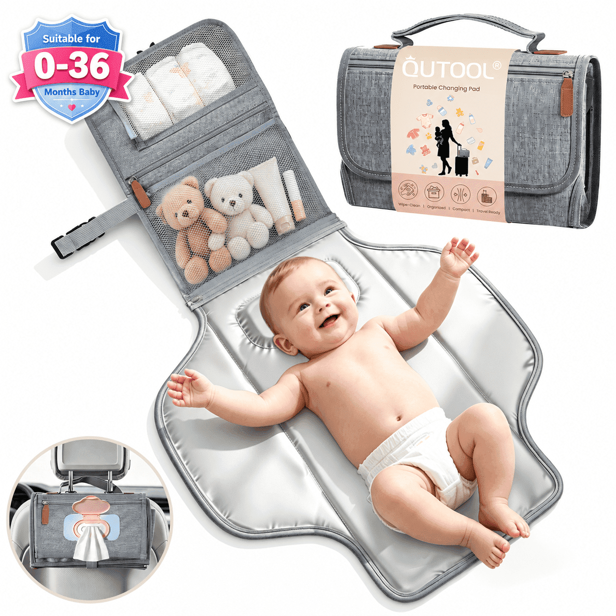 QUTOOL Baby Changing Pad for Travel, Foldable Portable Diaper Changing Pad with Wipes Pocket & Storage, Waterproof Baby Diaper Changing Mat, Small Changing Pads for Baby, Gray