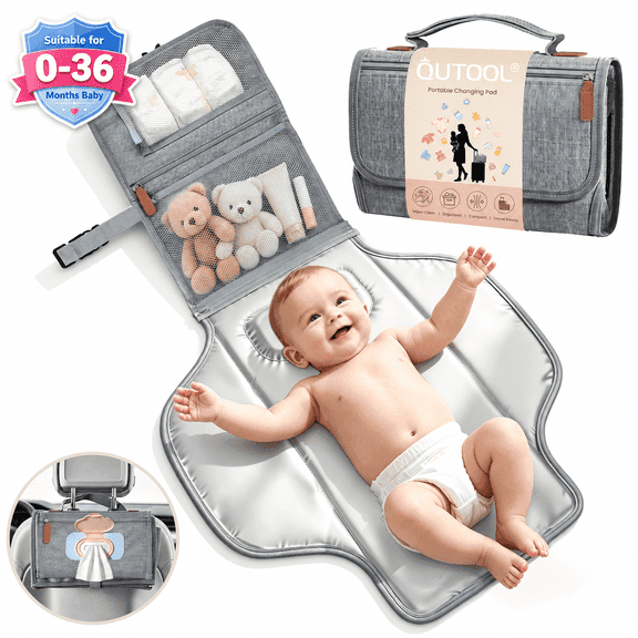 QUTOOL Baby Changing Pad for Travel Foldable Portable Diaper Changing Mat with Wipes Pocket and Storage Waterproof Easy Clean Pad Gray