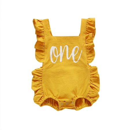 

Infant Baby Girl First Birthday Outfit Ruffle Sleeve One Letter Backless Romper