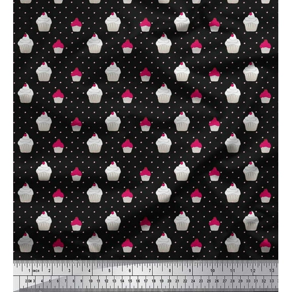 Soimoi Black Cotton Duck Fabric Dot & Cupcake Food Print Fabric by Yard 42 Inch Wide