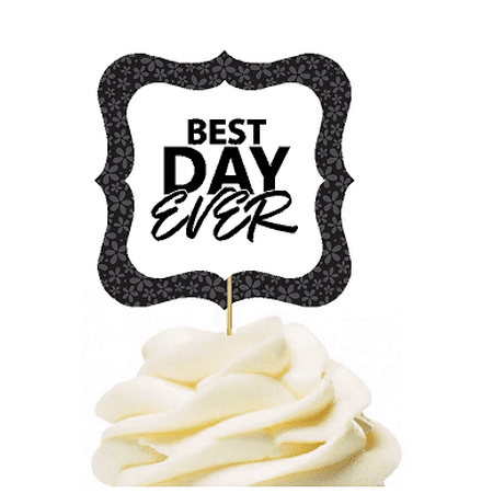 12pack Best Day Ever Black Flower Cupcake Desert Appetizer Food Picks for Weddings, Birthdays, Baby Showers, Events & Parties