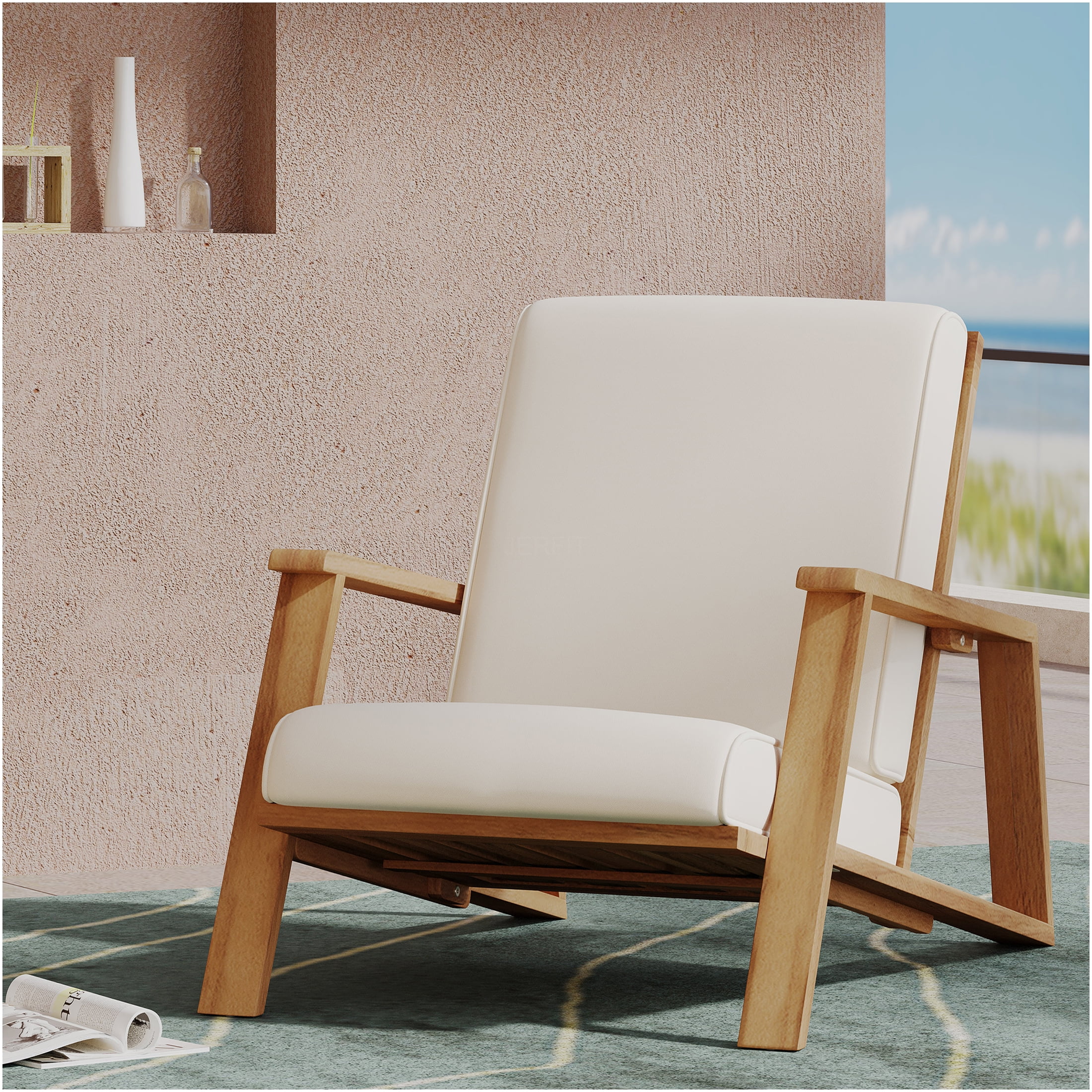 JERFIT Modern Acacia Wood Adirondack Chair with Cushion, Beige Outdoor Patio Club Chair for Garden, Poolside, Fire Pit, Weather-Resistant