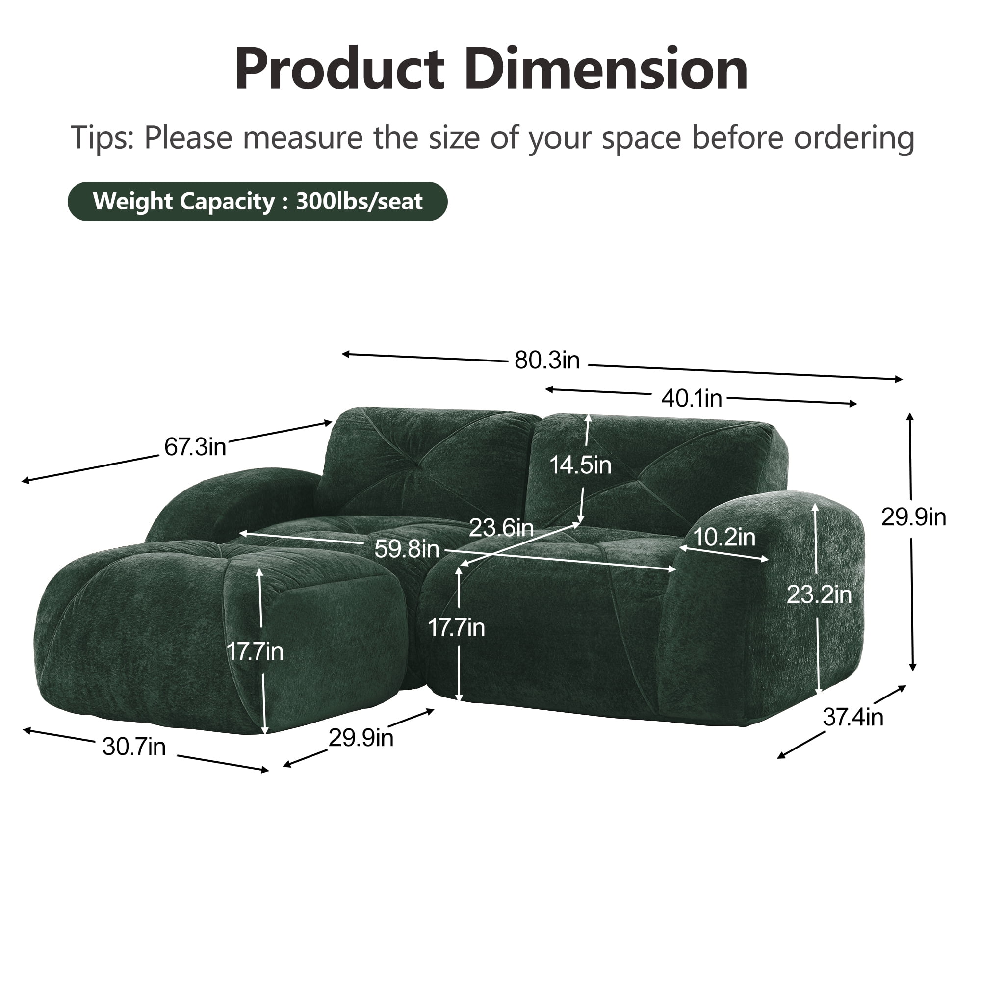 AISWORD 40" 2-Seat L-Shaped Modular Sectional with 1 Ottoman, Anti-Slip Deep Seat Cloud Sofa, Ready to Use