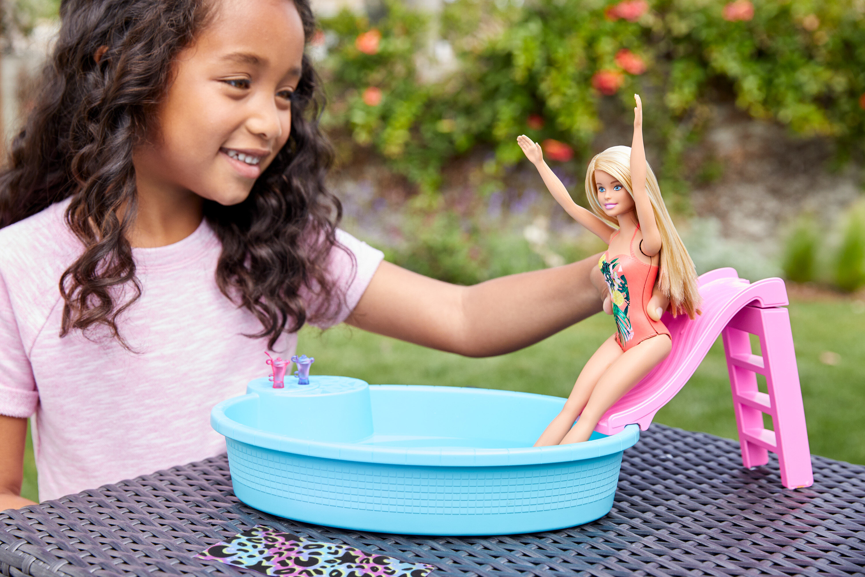 Barbie Doll and Pool Playset with Slide and Accessories, Blonde in Tropical Swimsuit - image 3 of 7