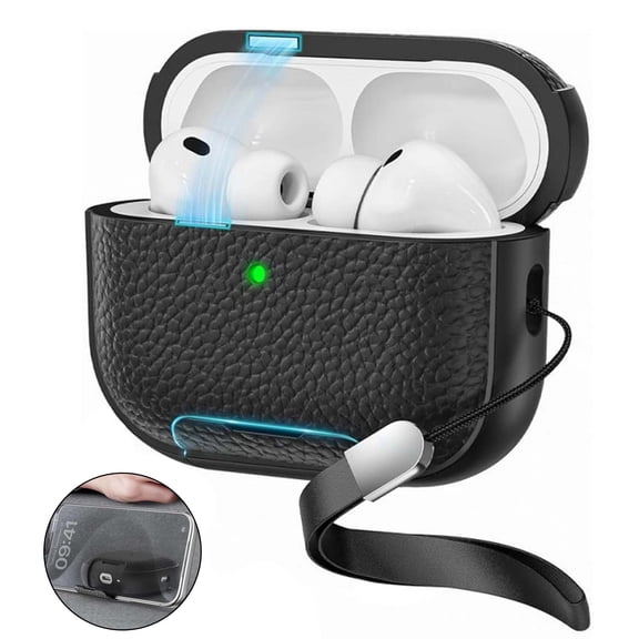 Dteck for AirPods 4th Generation Case with Magnetic Lid Lock & Phone Stand, Leature Texture TPU Hard Protective Cover with Anti-Lost Strap,Black